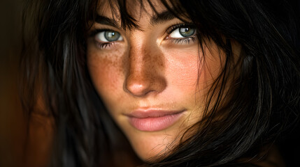 Young woman having freckles looking at camera