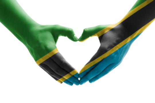 Tanzania flag colors on hands forming heart shape represents Tanzanian patriotism and affection