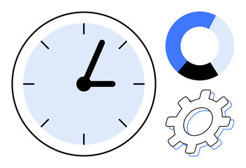 Clock with blue face, segmented pie chart, and gearwheel outline reflecting productivity, efficiency, planning, data, workflow, and goal-setting. Ideal for business education strategy analysis