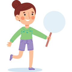 A cheerful young girl with brown hair in a bun wearing a green long sleeve shirt and purple shorts holding a round sign on a transparent background