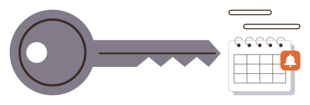 Metal key near a spiral calendar with a red notification bell. Ideal for security, reminders, scheduling, organization, productivity, deadlines, and time management. Flat simple metaphor