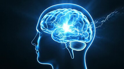 Vibrant blue glowing human head profile with an illuminated brain depicting active thought and electrical energy.