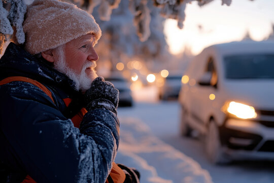 An elderly man stands pensively in a snow-dusted landscape, showcasing the beauty of winter while sparking thoughts of nostalgia and reflection amidst the peaceful surroundings.
