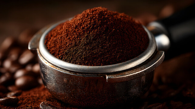 Ground coffee filling a portafilter for espresso preparation