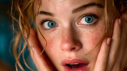 Young woman expressing surprise with wide blue eyes