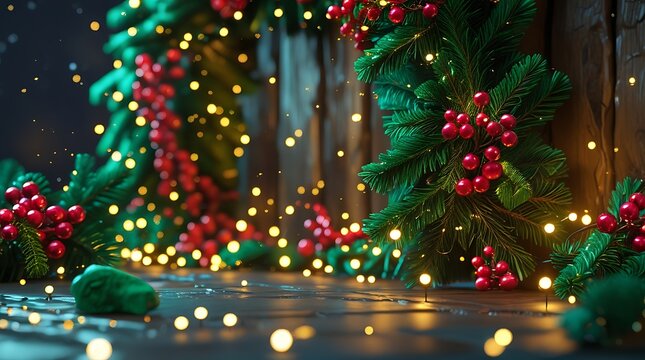 Classic Christmas background with lush 3D render of pine, holly berries, and warm bokeh lights.