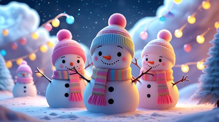 Cute, cheerful snowmen wearing colorful hats and scarves surrounded by twinkling lights and snow.
