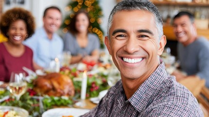 Grandfather seated at holiday dinner table with relatives with candlelight and festive decorations. Warm, intimate family celebration