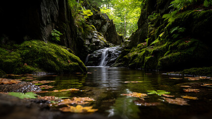 A small waterfall in a densely forested valley