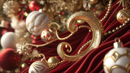 Fototapeta premium Elegant Christmas background with gold baroque tree, red velvet drapes, and festive decorations.