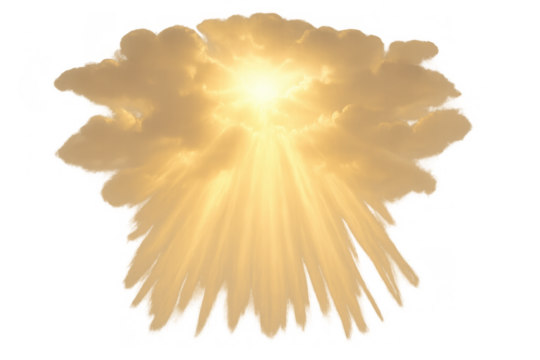 Golden sunbeam rays penetrating through clouds on transparent background reflecting divine worship and spirituality