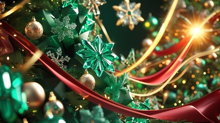 Luxurious 3D Christmas background with flowing ribbon, crystal snowflakes, and emerald bokeh.