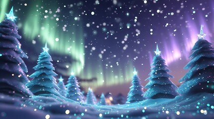 Magical Christmas scene with glowing blue trees, sparkling snow, and vibrant northern lights.