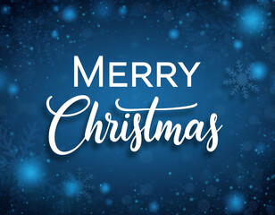 Magical Blue Christmas Background with Elegant Script and Glowing Snowfall.