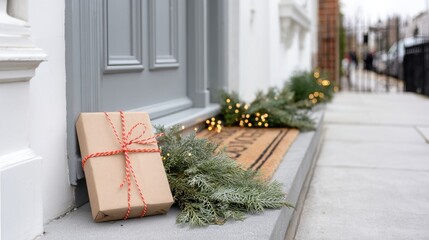 Kraft-paper gift tied with red twine placed by gray front door. Evergreen decor and subtle warm lights create clean holiday delivery concept with winter atmosphere