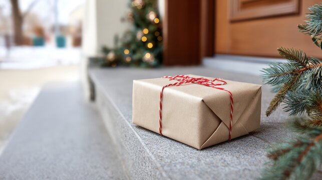 Cardboard gift wrapped in kraft paper with red twine left on doorstep. Winter scene with blurred holiday lights and evergreen branches. Delivery, surprise package and festive home atmosphere - Powered by Adobe