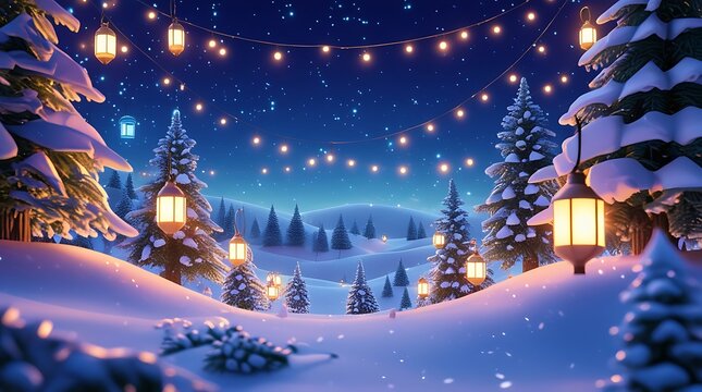Magical snowy Christmas night landscape with glowing lanterns, starry sky, and pine trees.