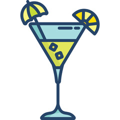 A Light Blue Martini Glass Filled With Yellow Liquid And Ice Cubes Garnished With A Lemon Slice And A Yellow Umbrella Against A Transparent White Background