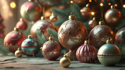 Vintage Christmas ornaments on a pine tree with warm lights, featuring a central antique bauble.