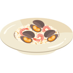 A Plate of Seafood Risotto Featuring Mussels Shrimp and Rice on a Light Beige Plate With a Transparent Background