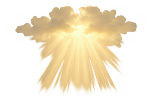 Golden sun rays breaking through clouds, creating a spiritual light, concept of divine hope and heaven, transparent background
