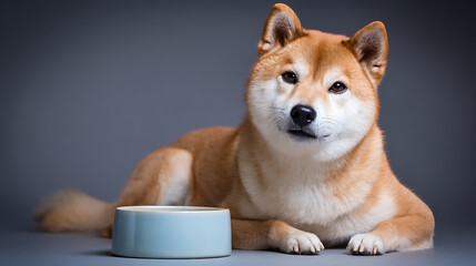 A Shiba Inu is sitting quietly next to his food bowl