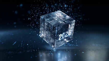 Futuristic ice cube with 2026 imprint amidst sparkling particles - Powered by Adobe
