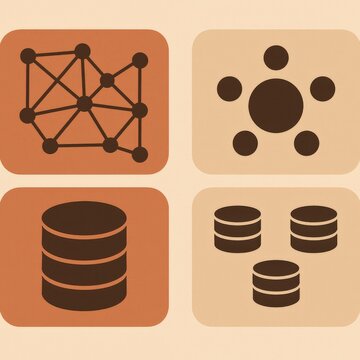 Abstract illustrations of data visualization concepts highlighting relational networks, server architecture, and database structures reflecting modern data driven analytics