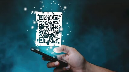 A hand holding a smartphone displays a glowing QR code. The background is dark with blue light effects, emphasizing the digital technology theme. - Powered by Adobe