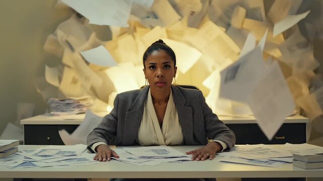 A young Hispanic woman sits at a desk covered in papers. She appears focused and overwhelmed by the paperwork surrounding her in a chaotic office environment.