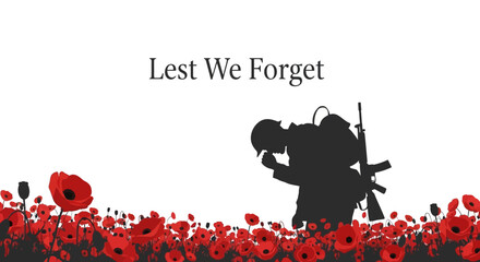 Solemn remembrance with a soldier's silhouette amidst a field of vibrant red poppies, honoring sacrifices and commemorating veterans on a reflective occasion