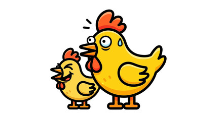 Humorous cartoon illustration of a panicked adult chicken next to a giggling little chick, showcasing contrasting emotions in a lively scene