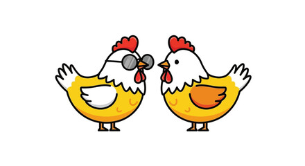 Cute Cartoon Chickens Funny Character with Sunglasses and a Happy Friend in a Colorful Design