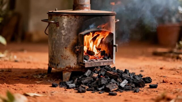 Medium shot of a smallbatch biochar kiln with glowing embers highlighting the artisanal process of creating nutrientrich biochar for sustainable gardening.
