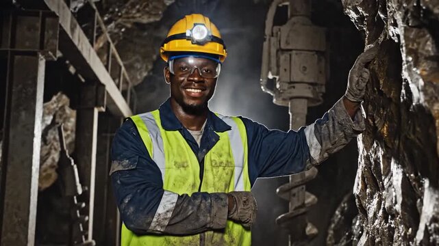 Miner in safety gear stands in a dark underground tunnel with drilling equipment