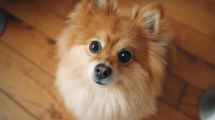 A fluffy Pomeranian is sitting and waiting for food with anticipation