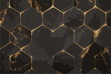 Luksusowa, geometryczna tekstura heksagonalnych płytek marmurowych w kolorze czarnym i złotym.