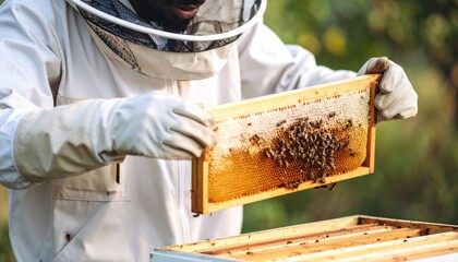 African American Beekeeper Inspecting Honeycomb Frame with Bees and Golden Honey