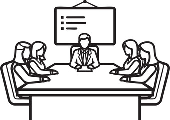 Monochrome line art icon of a business team in a boardroom meeting around a conference table.