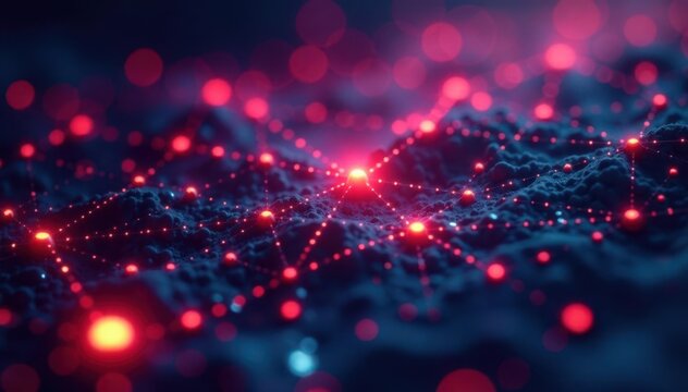 Digital network nodes glowing, interconnected , binary, data, technology