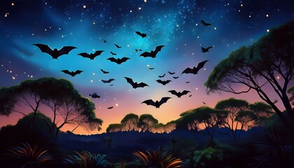 Fototapeta premium flying foxes silhouetted against a twilight sky amidst a starry expanse and lush green foliage