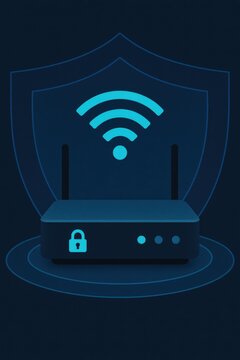 Secure wireless router representation showcasing network encryption, connectivity signals, and protection against cyber threats in a sleek minimalist design