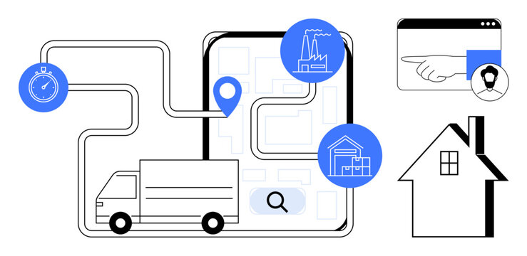 Delivery truck on mapped route with GPS markers, stopwatch, factory, house, and digital tracking. Ideal for delivery, logistics, technology, shipping supply chain navigation service reliability