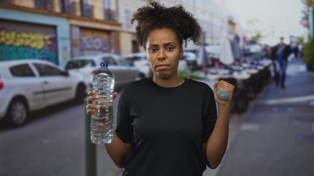 Woman holding a large water bottle and a dumbbell, hands gripping the weight on a street with parked cars and sidewalk cafes; determination fitness health.