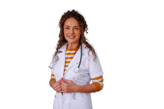 Mature female doctor standing, smiling and showing confidence in medical protective work, transparent background