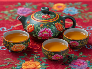 Floral teapot and three teacups on embroidered red cloth