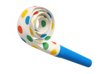 Party blower with colorful polka dots, celebrating joyful events and birthdays, entertainment on transparent background