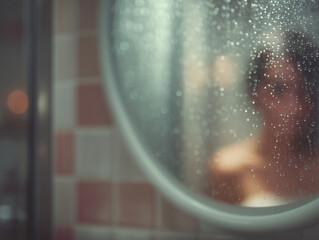 Woman behind foggy bathroom mirror with water droplets