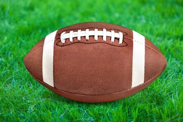 A brown leather ball American football on green field