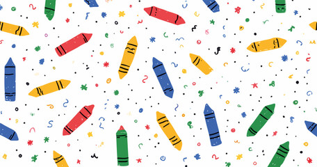 Kolorowe kredki i konfetti na białym tle, idealne do projektów artystycznych i edukacyjnych, tworząc radosną atmosferę.